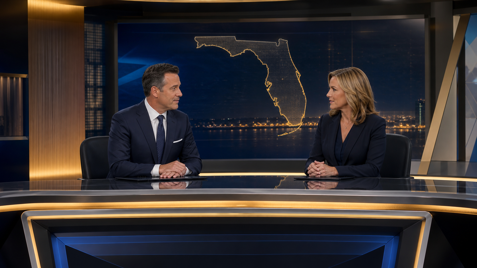 Two professional presenters at a Florida business-news desk